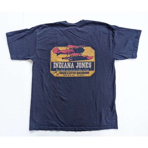 Vintage Indiana Jones Adventure Wear Shirt Mens Large Blue Double Sided - Picture 6 of 7